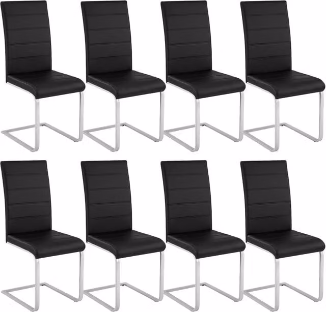 tectake Set of 8 Black Synthetic Leather Cantilever Dining Chairs with Metal Base