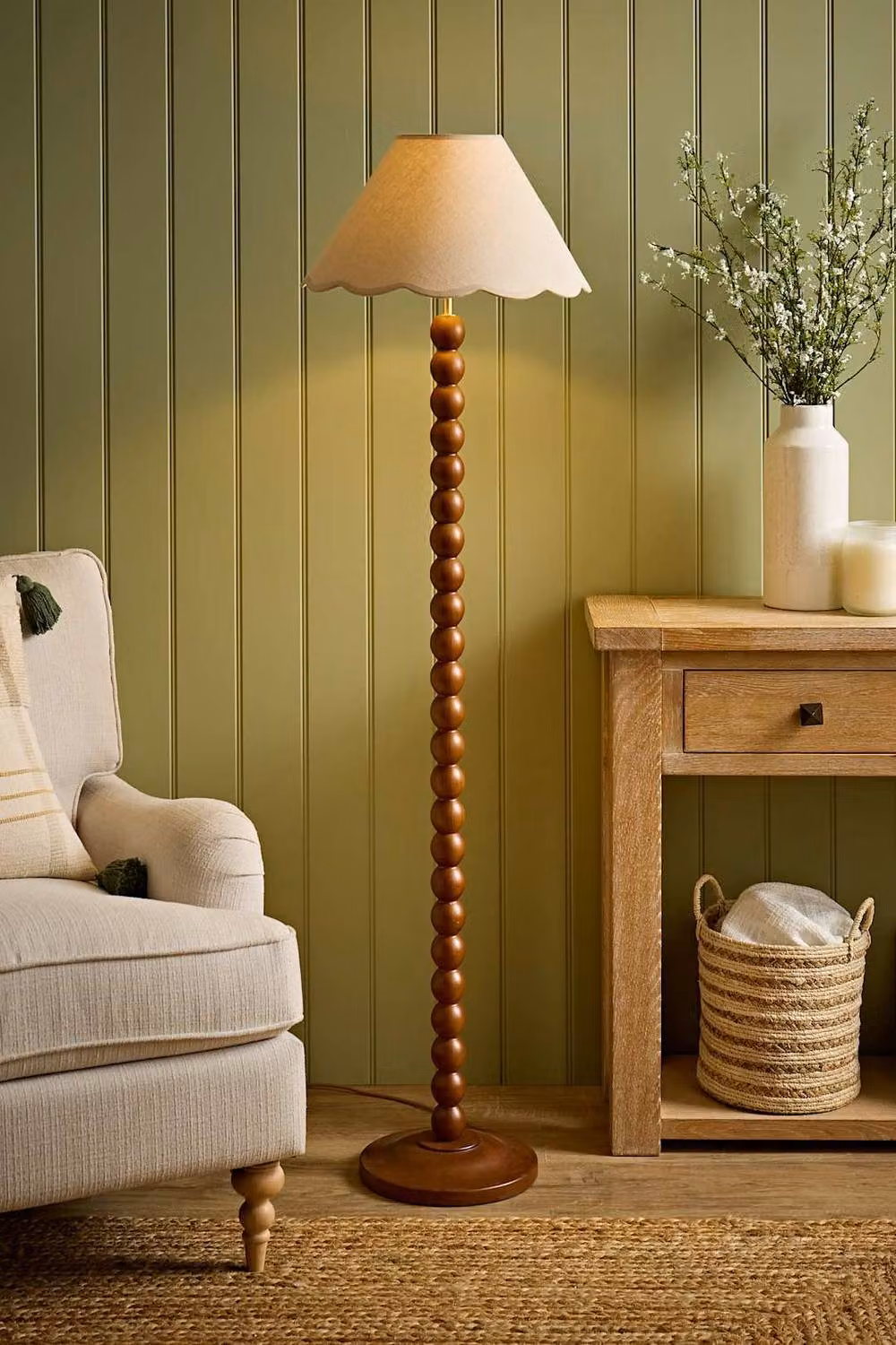ValueLights Bobbin Walnut Floor Lamp with Cream Linen Shade and Bulb – 2