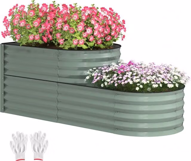 Outsunny Two-Tier Galvanised Steel Garden Planter, Green, W/D/H: 150 x 60 x 57 cm
