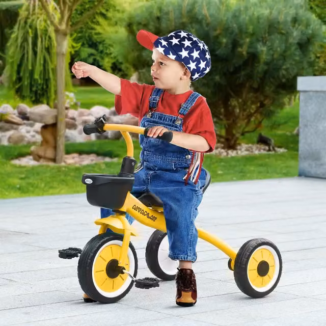 AIYAPLAY Toddler Tricycle with Adjustable Bell and Basket, Yellow