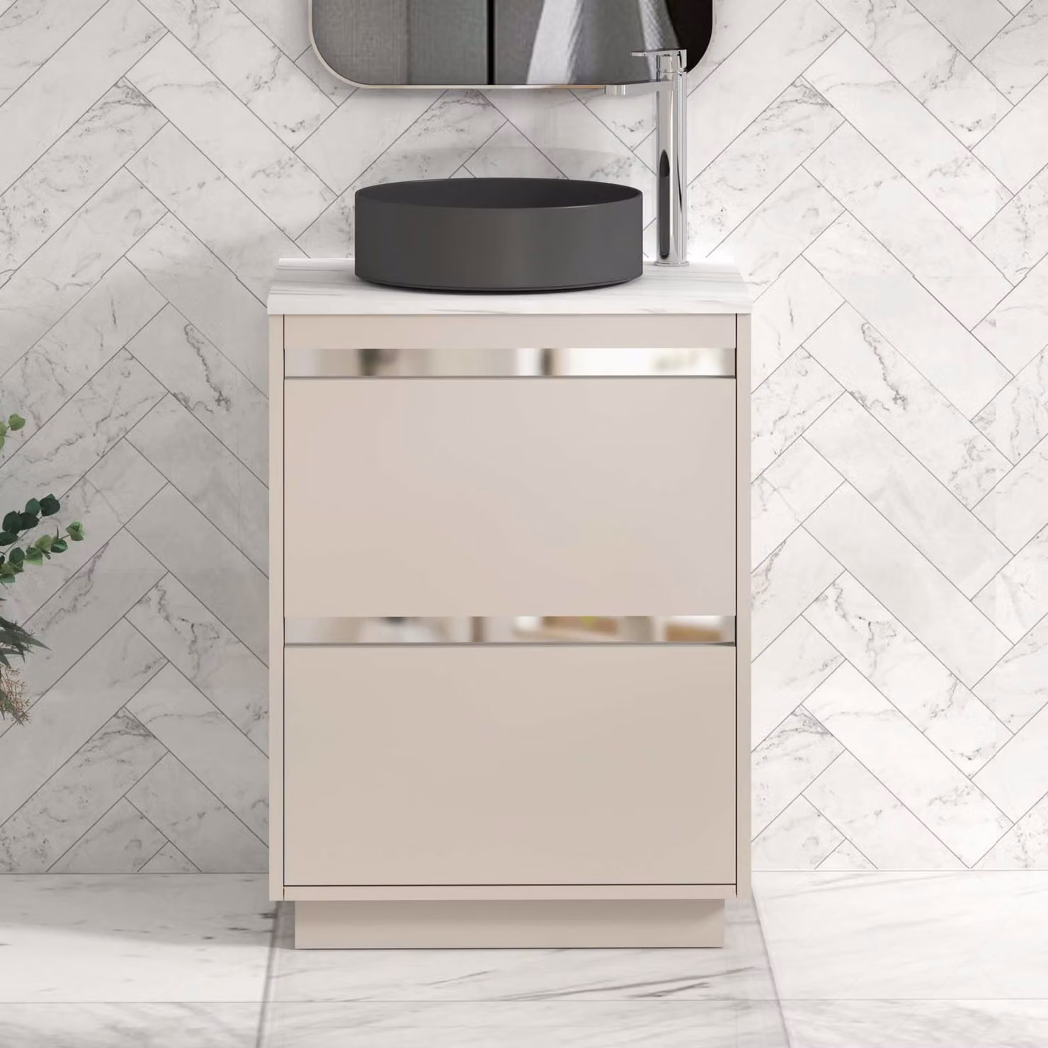 Royal Bathrooms Orion 800mm Warm Taupe Floor Standing Countertop Vanity Unit with 2 Drawers, Art Round Basin and Chrome Accent Trim