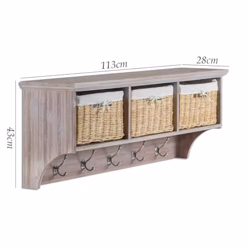 Tetbury Statement Furniture Acacia Wood Wall-Mounted Coat Rack with Storage Baskets and Hanging Shelf, W: 113 cm, H: 43 cm, D: 28 cm – 2
