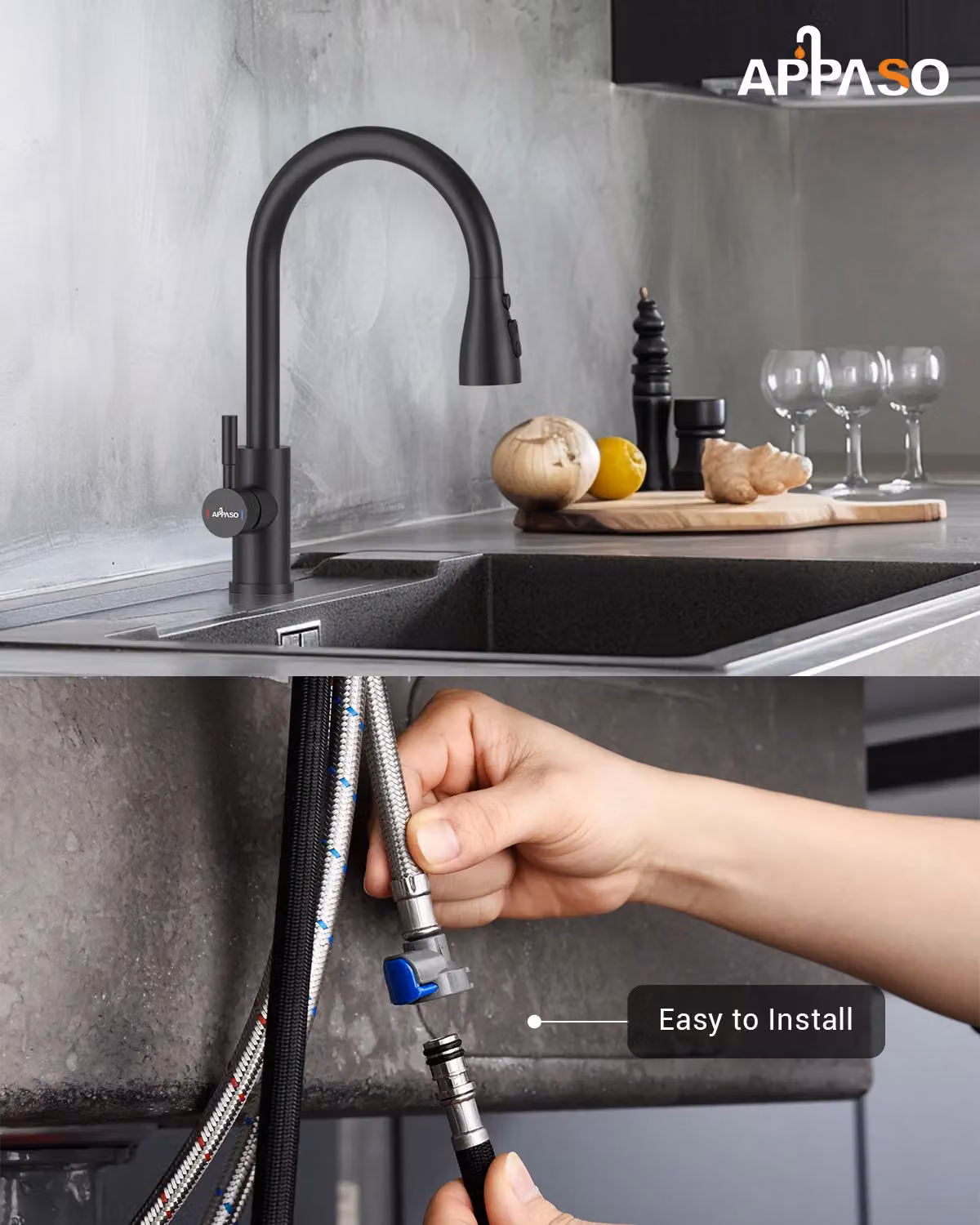 Appaso Matt Black Kitchen Tap with Pull Out Spout and Spray Function – 4