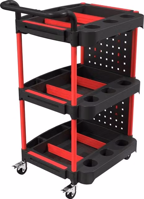 HOMCOM 3-Tier Rolling Tool Cart with Pegboard and Hooks, Black and Red Storage Trolley with Brakes
