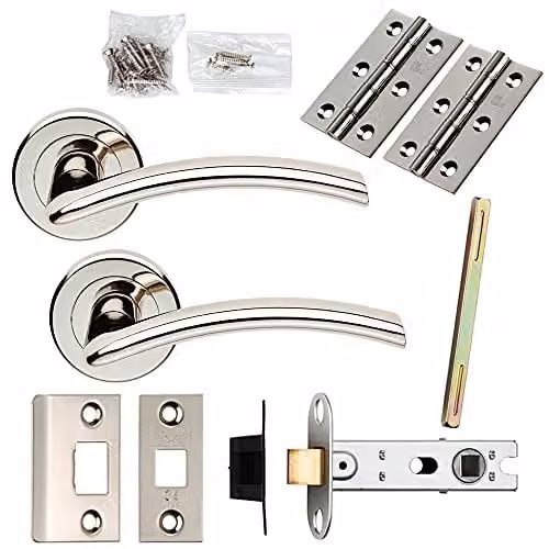 Loops Door Handle and Latch Pack in Polished Nickel with Arched Lever and Screwless Round Rose
