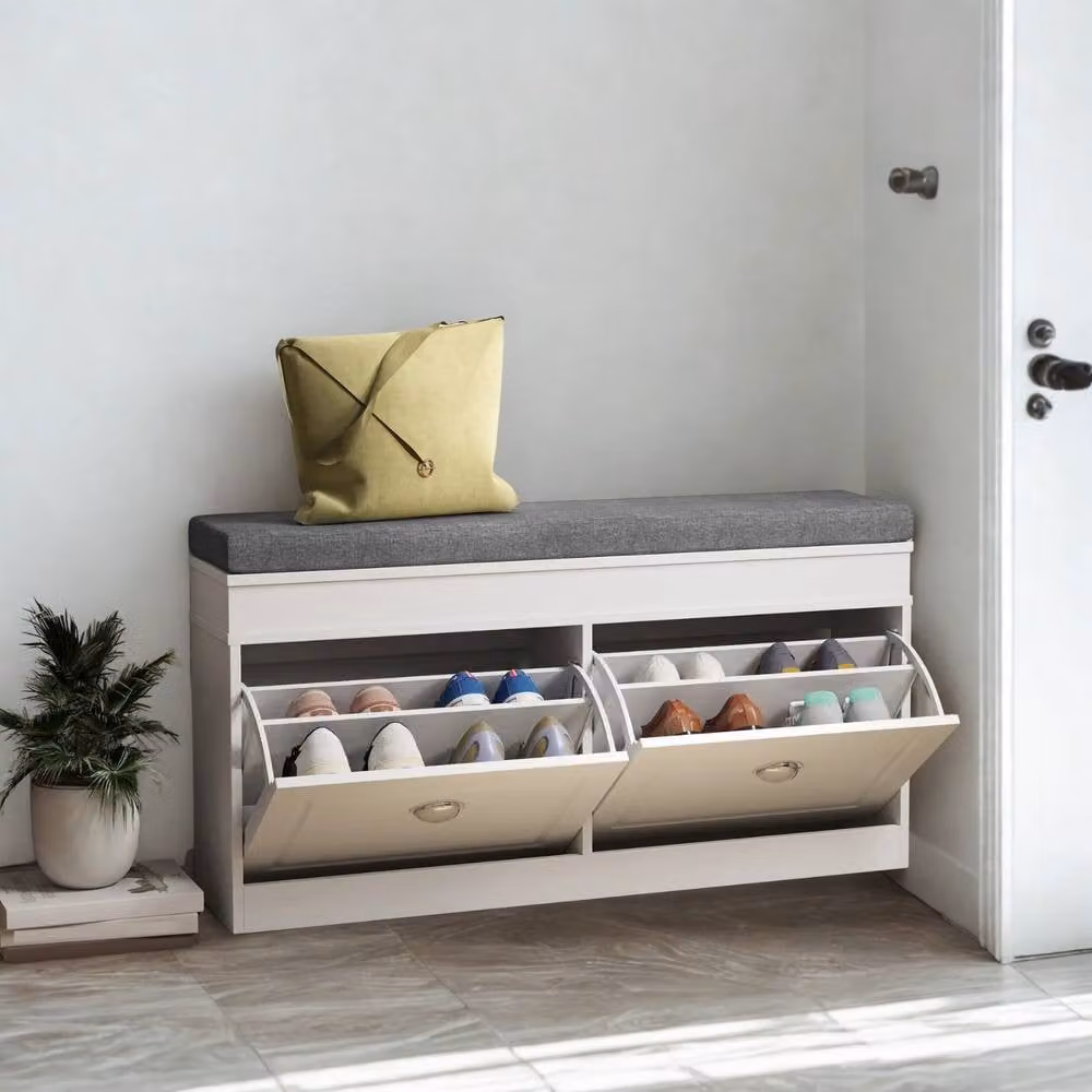 Pirlo Plush Modern Shoe Storage Bench with Cushioned Seat and Storage Drawers in White, W/D/H: 120 x 55 x 44 cm – 2