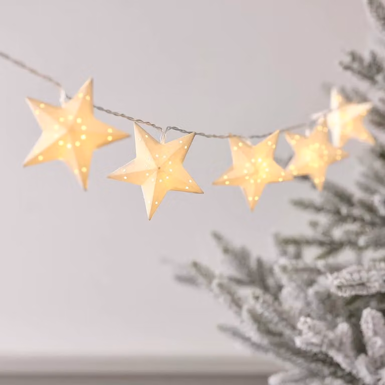 Lights4fun White Paper Star LED Christmas String Lights with Timer, 1.8m