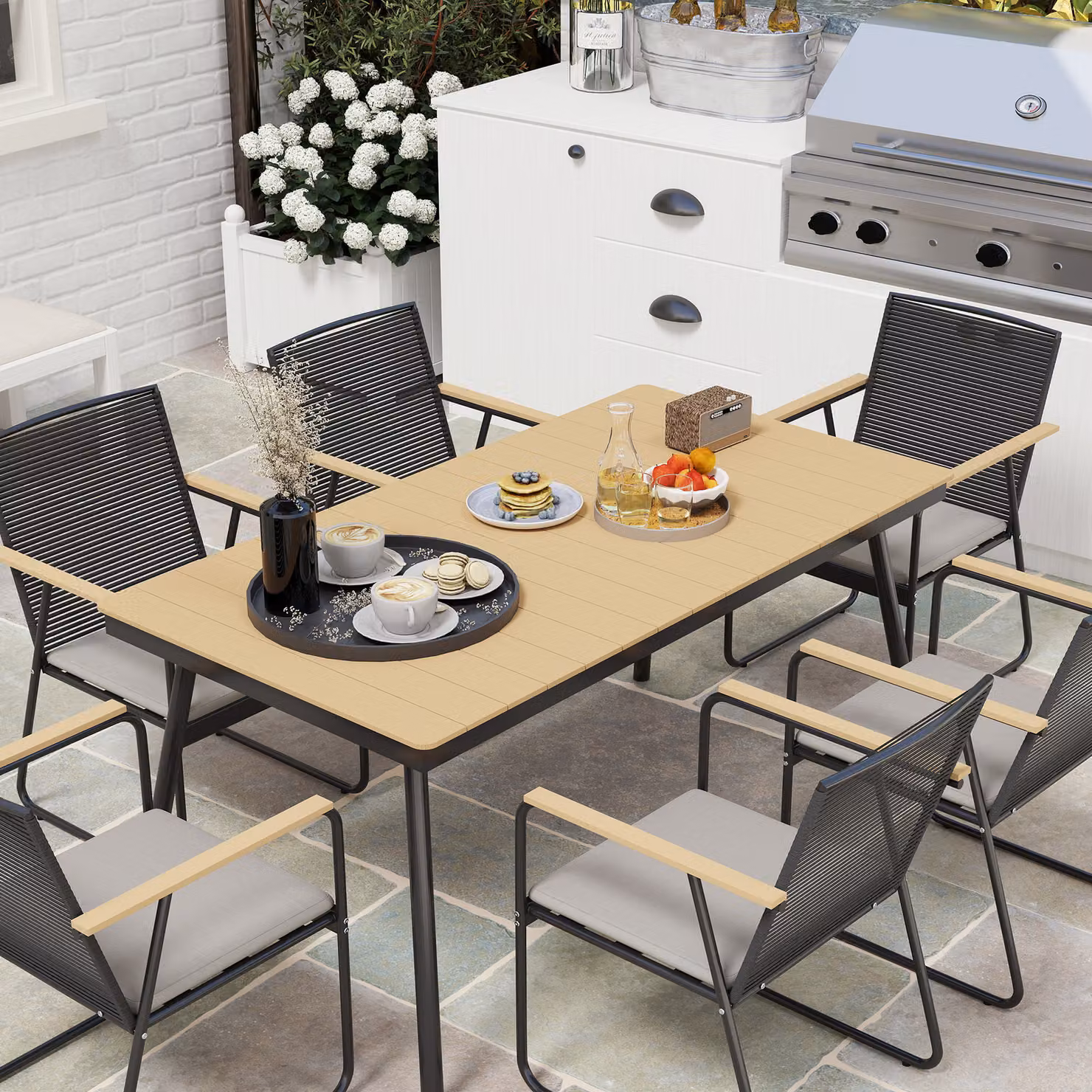 Outsunny 6 Seater Garden Dining Set in Brown with Rattan Backrests and Rectangular Composite Table – 5