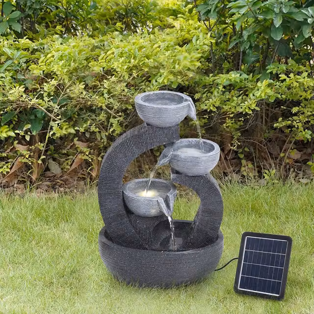 Breeins Solar-Powered Cascade Water Fountain, Anthracite Grey Organic Round Rockery Decor