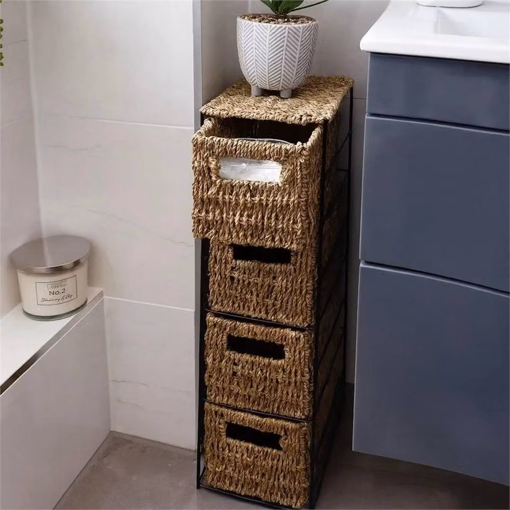 VOGREX Slim 4 Drawer Bathroom Storage Unit in Brown with Rattan and Metal Details – 3
