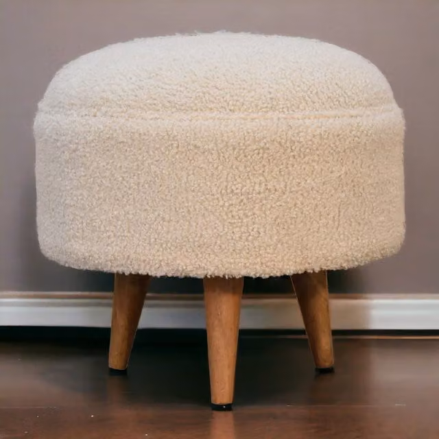 Artisan Furniture Scandinavian Cylindrical Mango Wood Footstool in Beige Bouclé
