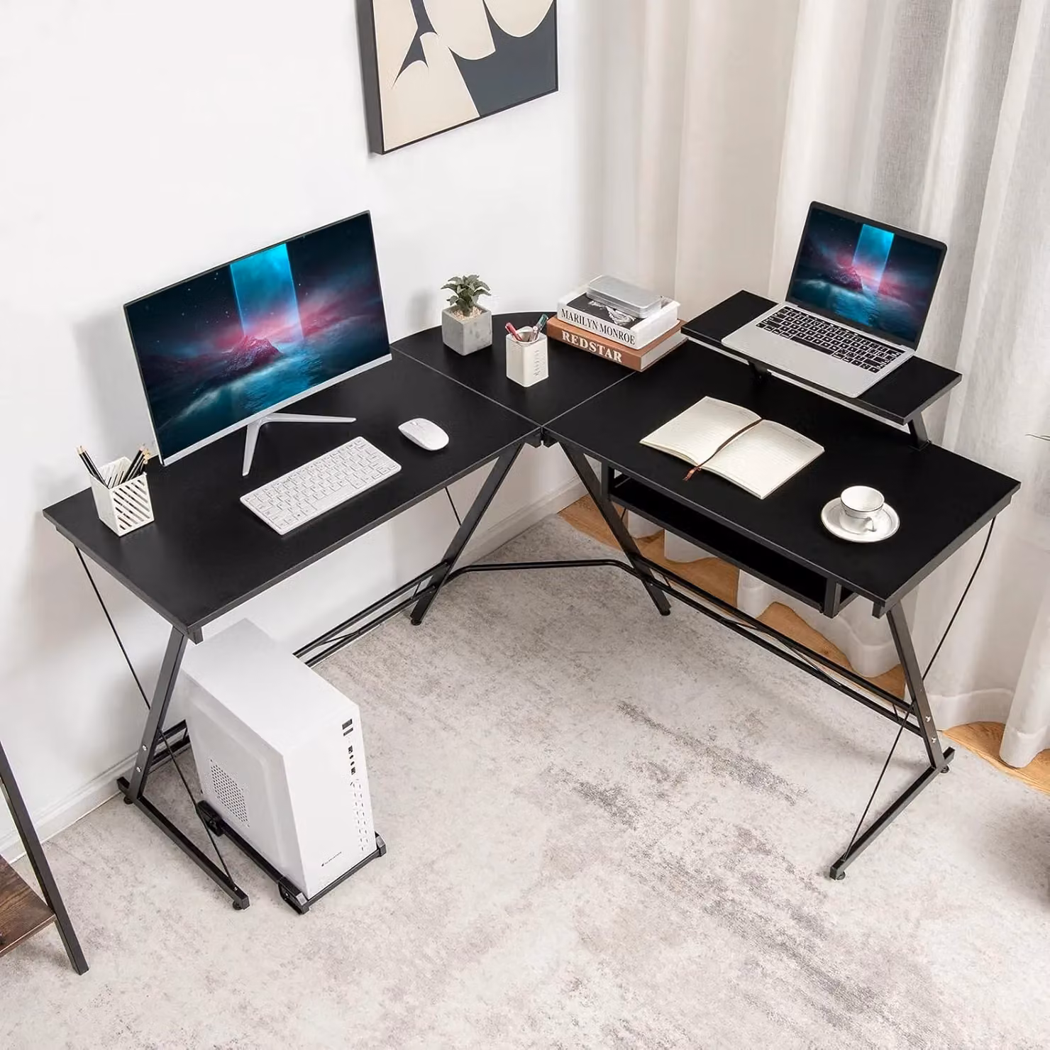 Gymax L-Shaped Corner Desk with Pull-Out Workstation and Removable Monitor Shelf in Black – 2