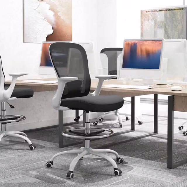 HOMCOM Ergonomic Drafting Chair with Flip-up Armrests and Foot Ring in Black and White