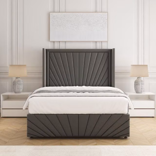 BSSPOKE Nola Super King Plush Velvet Divan Bed Set with 54 inch Headboard and Mattress in Grey, W/D/H: 200 x 162.56 x 3 cm