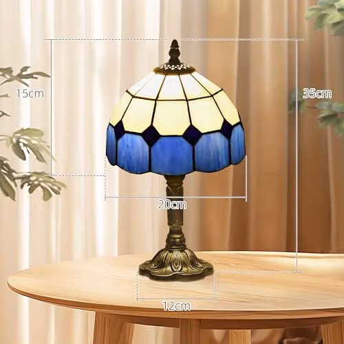 HOMCOM Art Deco Stained Glass Table Lamp in Blue and Bronze with Glass Dome Shade – 6