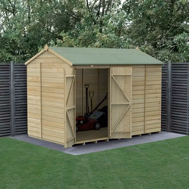 Beckwood 10x6 Reverse Apex Wooden Garden Shed in Green and Brown with Floor and Lock
