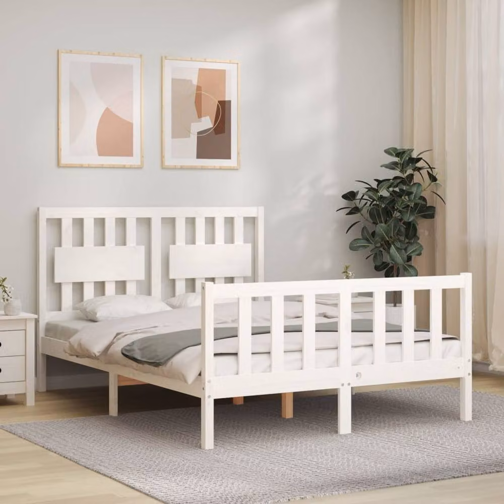 Berkfield Home Beautiful Bed Frame with Headboard in White Solid Pine Wood, W/D/H: 140 x 190 cm – 2