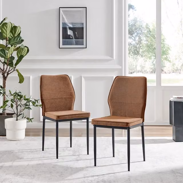 FurnitureboxUK Set of 2 Riya Upholstered Fabric Kitchen Dining Chairs with Black Metal Legs - Orange