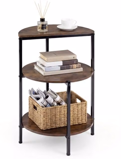 COSTWAY 3-Tier Industrial Round End Table in Brown with Wood and Metal Finish