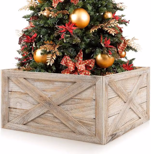 Costway Vintage Solid Wood Christmas Tree Collar Box in Brown with Hook and Loop Fastener – 1