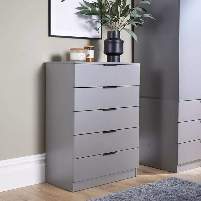 SPETLEK Modern Grey 5 Drawer Chest for Bedroom Clothing Storage