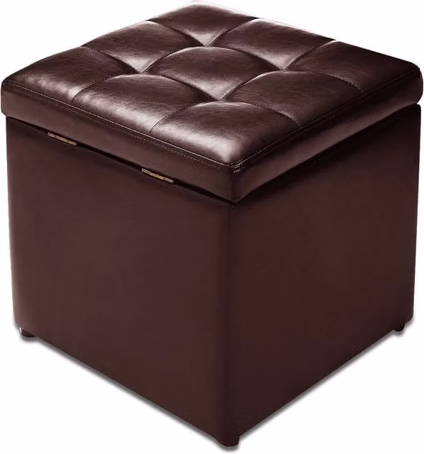 Costway Brown Synthetic Leather Upholstered Cube Ottoman Storage Stool