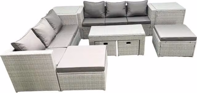 Fimous 10 Seater Outdoor Rattan Garden Furniture Set in Light Grey with Grey Cushions, Coffee Table and 2 Side Tables – 1