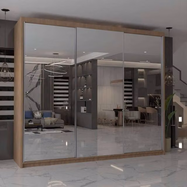 MN Furniture Cuba Sliding Mirror Wardrobe with LED Lighting in Brown, W: 250 cm, H: 217 cm