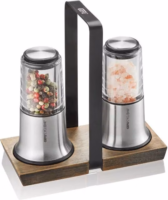Gefu X-Plosion Premium Salt and Pepper Set with Stainless Steel and Wood Stand in Silver and Transparent – 1