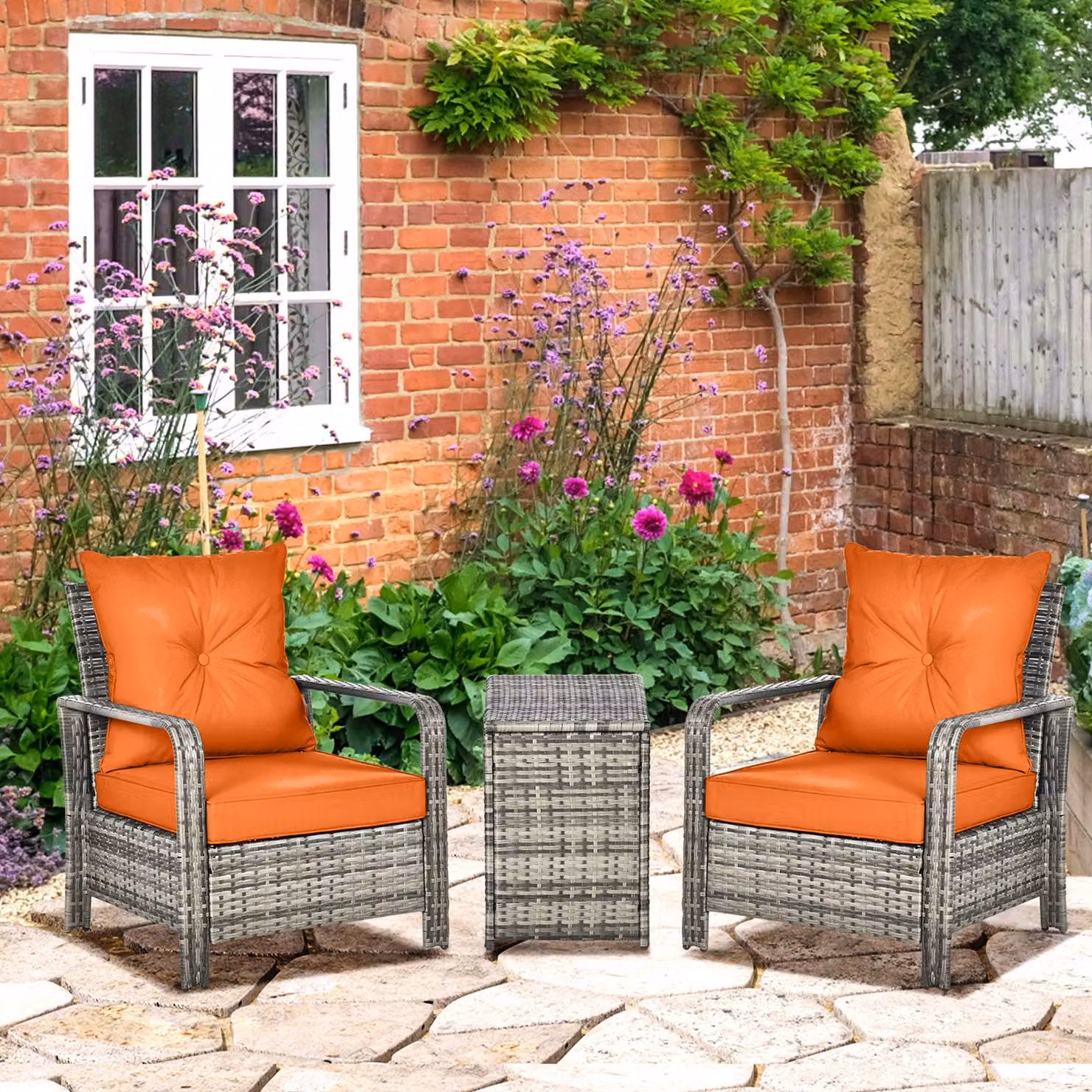 Outsunny 3 Piece Rattan Garden Bistro Set with Storage Table and Orange Cushions – 2