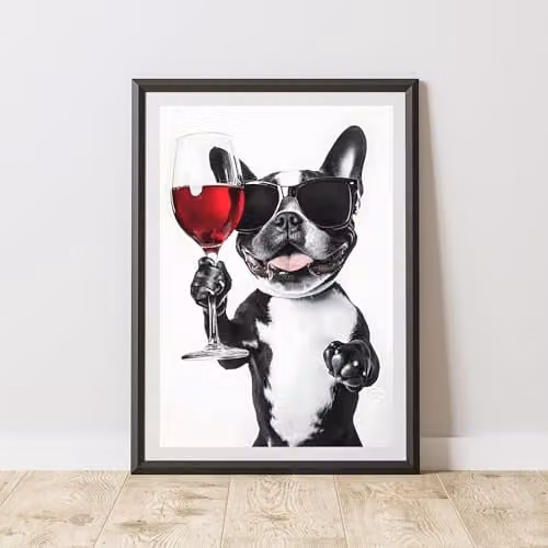 60 Second Makeover Funny Boston Terrier Drinking Wine Illustration Paper Poster, Black and White, A4