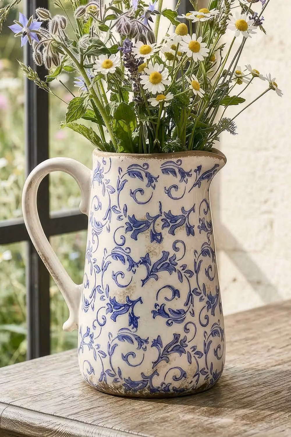 Dibor Set of 2 Solene Blue Botanical Ceramic Pitcher Jugs in Cream and Beige – 2