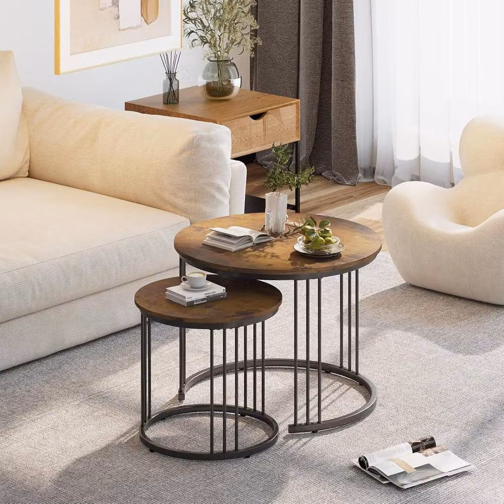 Huhote Set of 2 Brown Round Nesting Coffee and Side Tables with Metal Frame – 2
