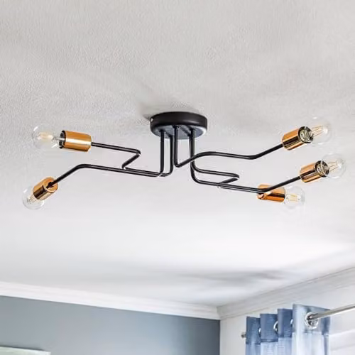 Netlighting Helam Tube Multi Arm Semi Flush Ceiling Light in Black and Copper, 64 cm – 2