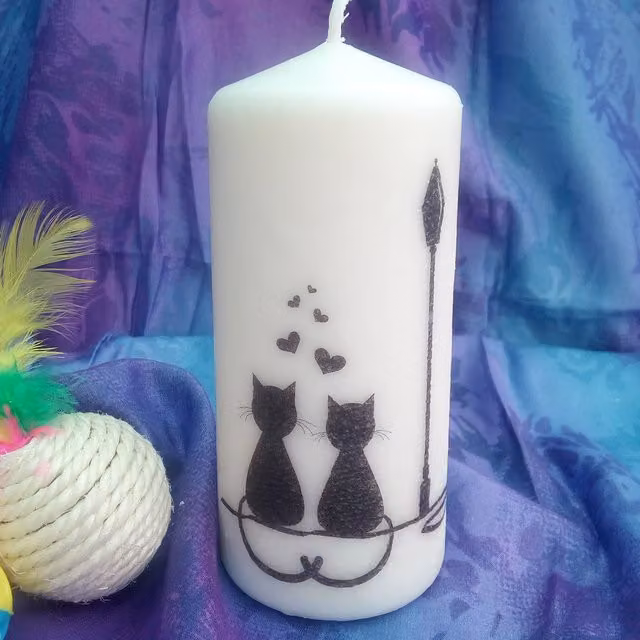 Viki White Round Pillar Candles with Cat Design