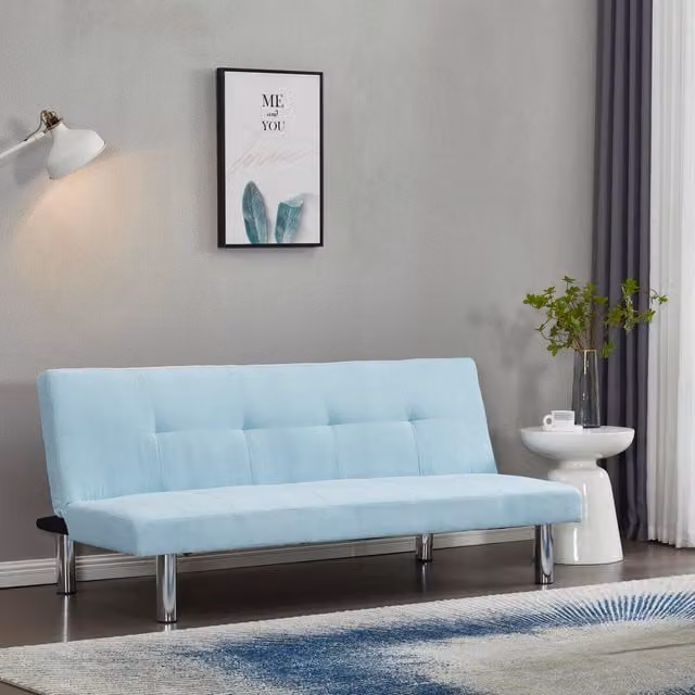 Comfy Living Blue Microfibre 3 Seater Click Clack Sofa Bed with Solid Wood Frame