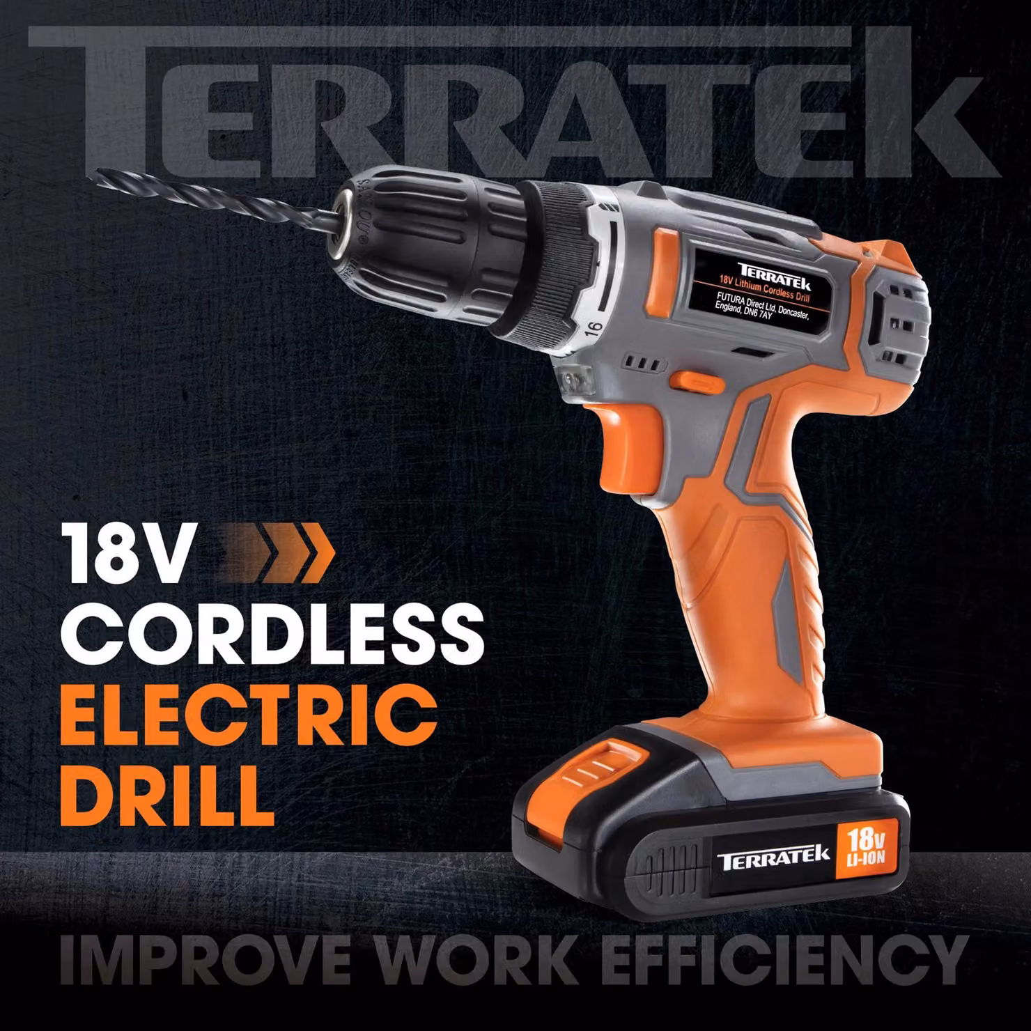 Terratek 18V Cordless Drill and Drill Bit Set with Rechargeable Battery, Charger and Case in Orange – 2