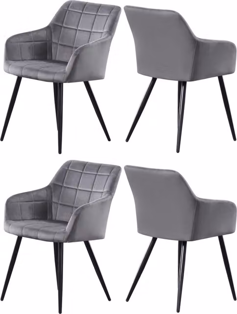 Life Interiors Set of 4 Camden Modern Velvet Dining Chairs with Armrests and Black Metal Legs in Dark Grey