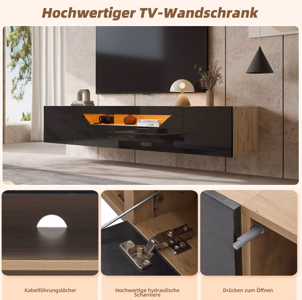 STILVORA Modern Wall-Mounted TV Stand with Integrated Lighting and Glossy Black Finish, W: 180 cm, H: 37 cm, D: 37 cm – 4