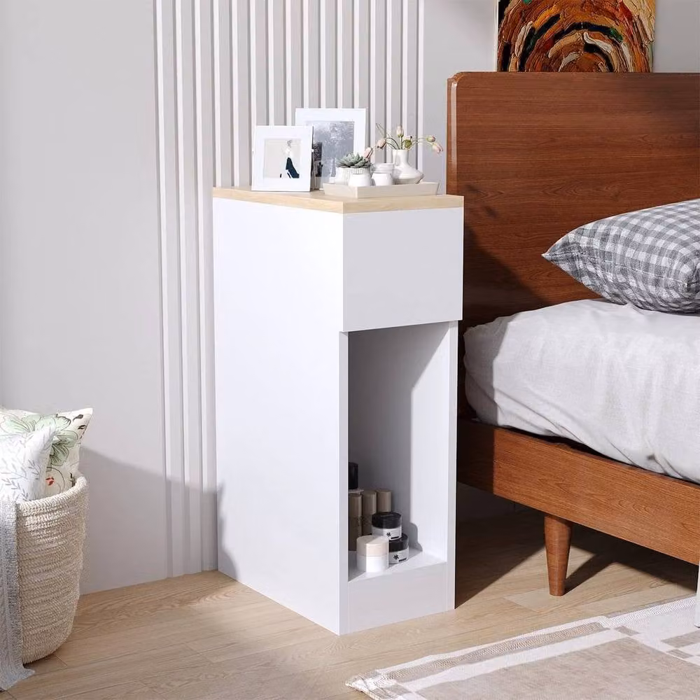 FORGEVIO White and Wood Small Narrow Bedside Table – 2