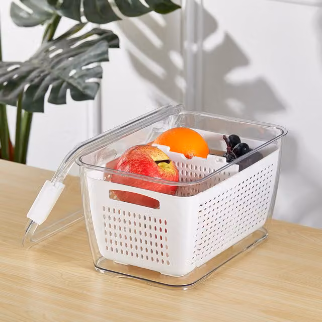 Livingandhome Stackable Plastic Food Box with Draining Basket and Compartments, White and Transparent, 4.5 l