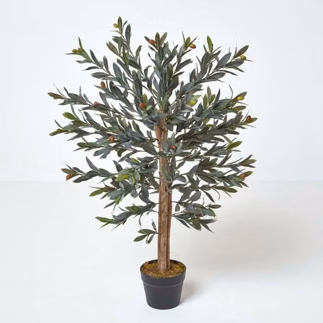 Homescapes Green Mediterranean Olive Tree Artificial Tabletop Plant with Black Pot, Height: 90 cm