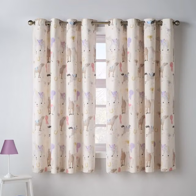 Catherine Lansfield Happy Horses Eyelet Curtains in Pink and Beige, W: 167.64 cm x H: 182.88 cm