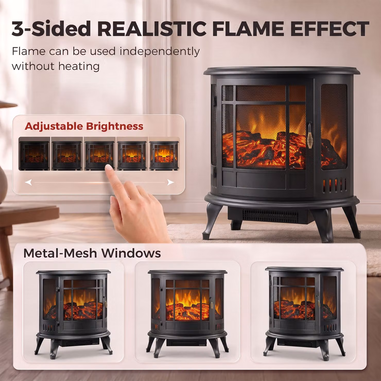 HOMCOM 2000W Electric Fireplace Stove with Realistic LED Flame in Black Metal – 4
