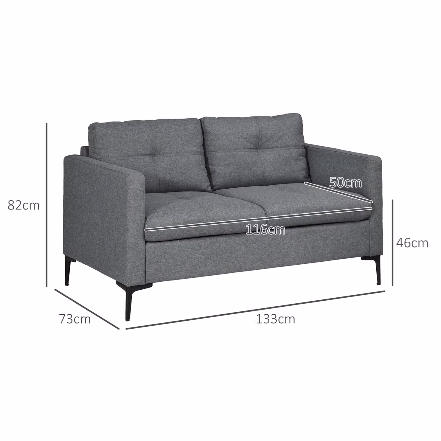 HOMCOM 2 Seater Linen Fabric Loveseat Sofa in Dark Grey with High-Density Sponge Cushions and Steel Legs – 3