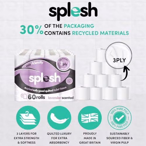 Cusheen Splesh Lavender Scented Toilet Roll, 60 Rolls, 3 Ply Quilted White Bulk Family Pack – 2