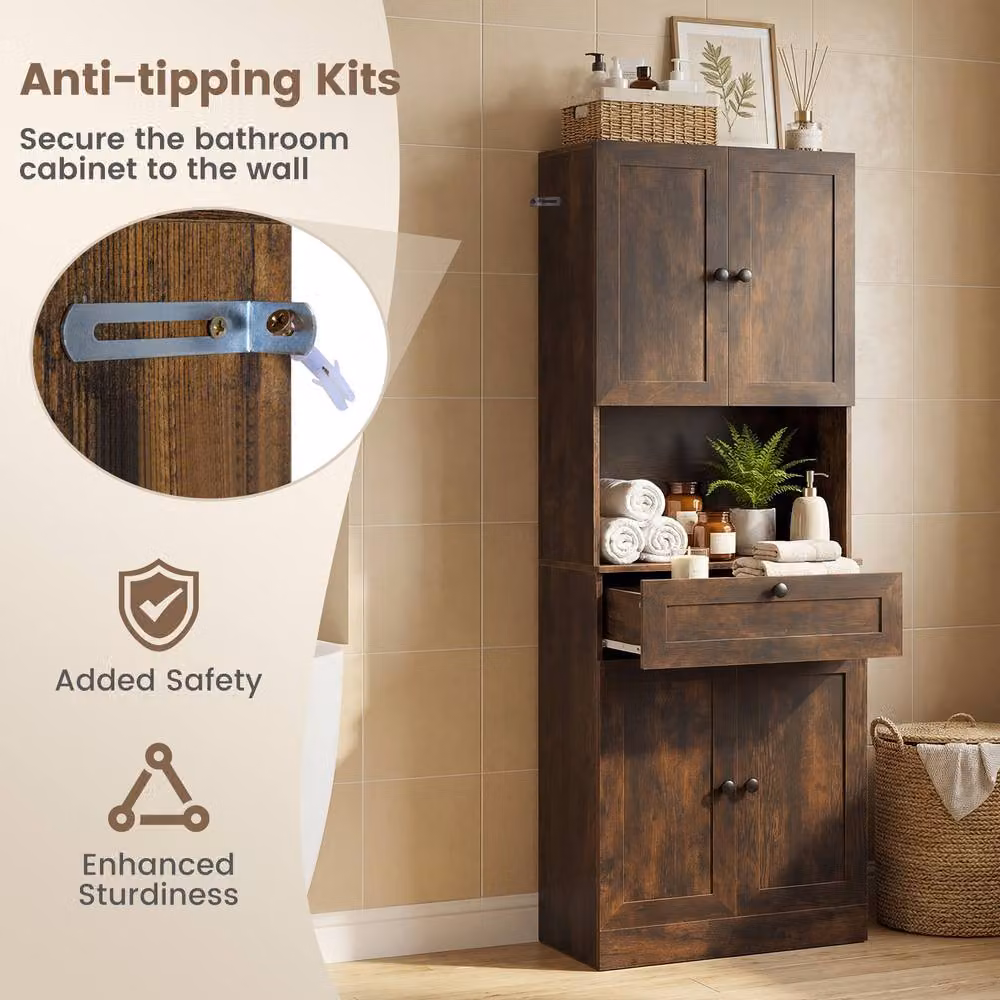 Costway Modern Wooden Bathroom Cabinet in Brown with 4 Doors and 1 Drawer – 9