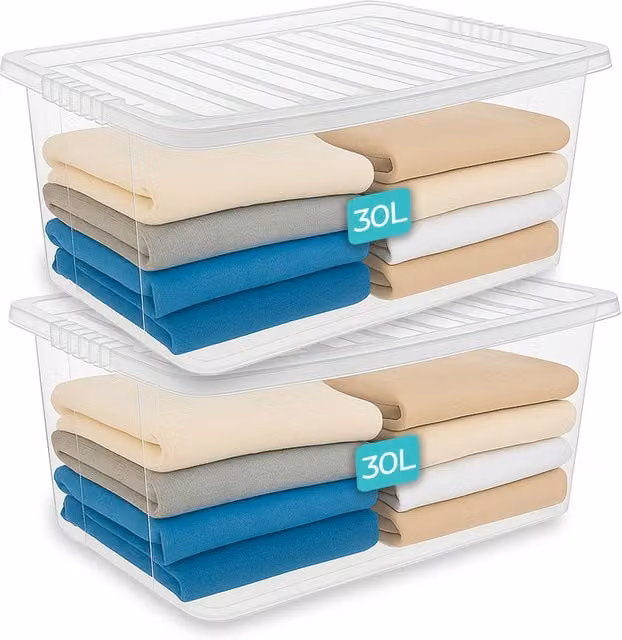 Innoteck Stackable Clear Plastic Storage Box with Lid and Handles, 30L