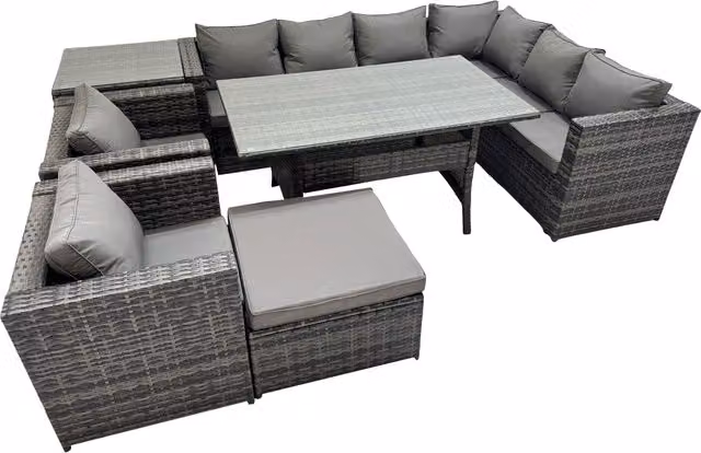 Fimous 9 Seater Patio Dining Corner Sofa Set with 2 Chairs and Large Stool in Dark Grey
