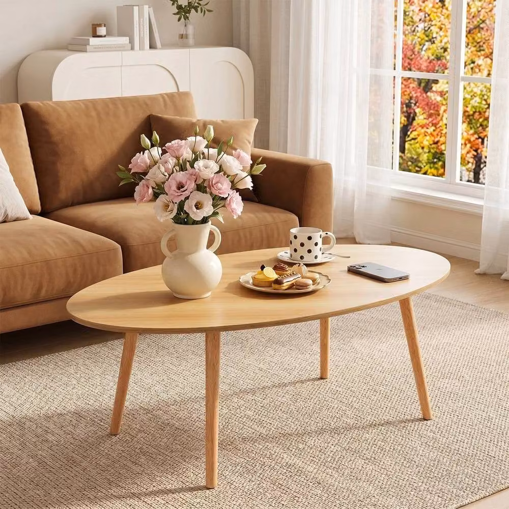 KORVIXA Oval Wooden Coffee Table in Natural Brown, W/D: 100 x 100 cm – 2